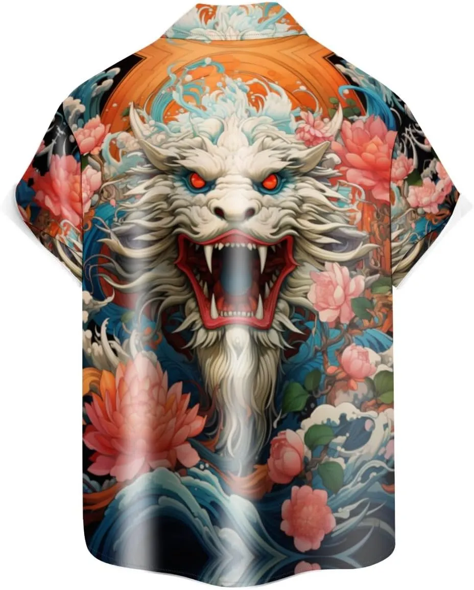 Men's Casual Button Down Shirts Mid Century Geometry Chest Pocket Short Sleeve Hawaiian Shirt