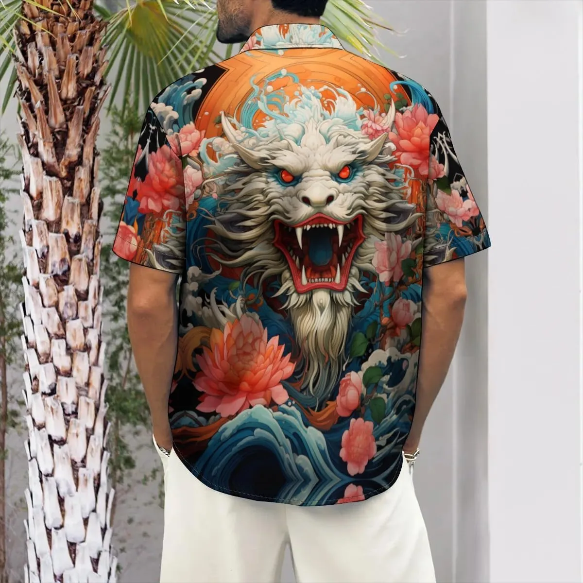 Men's Casual Button Down Shirts Mid Century Geometry Chest Pocket Short Sleeve Hawaiian Shirt
