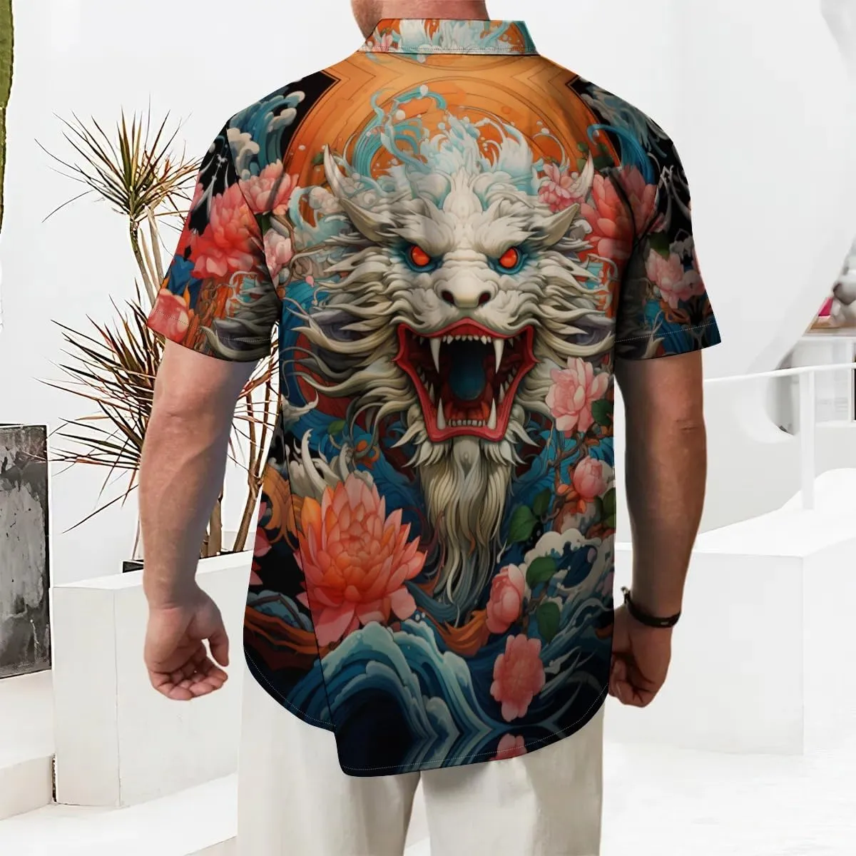 Men's Casual Button Down Shirts Mid Century Geometry Chest Pocket Short Sleeve Hawaiian Shirt