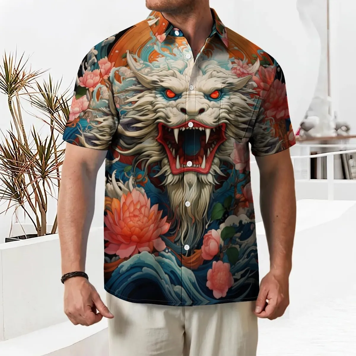 Men's Casual Button Down Shirts Mid Century Geometry Chest Pocket Short Sleeve Hawaiian Shirt