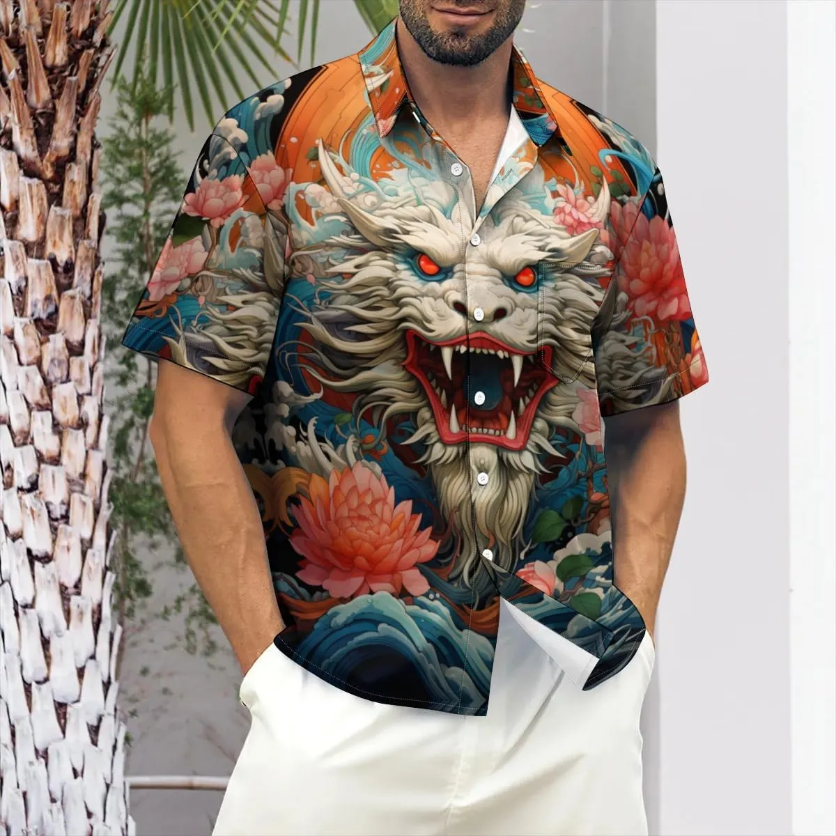 Men's Casual Button Down Shirts Mid Century Geometry Chest Pocket Short Sleeve Hawaiian Shirt