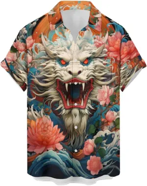 Men's Casual Button Down Shirts Mid Century Geometry Chest Pocket Short Sleeve Hawaiian Shirt