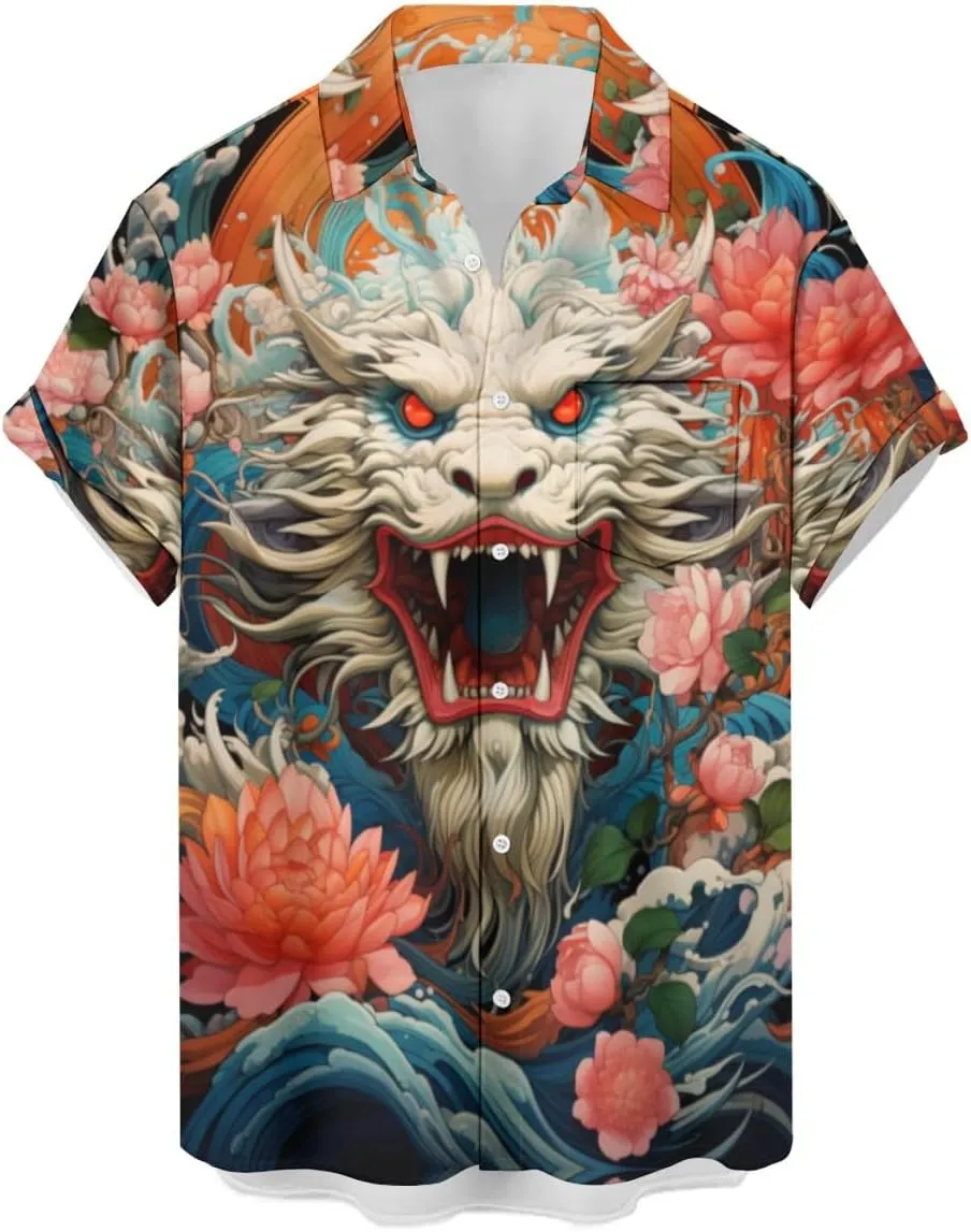 Men's Casual Button Down Shirts Mid Century Geometry Chest Pocket Short Sleeve Hawaiian Shirt