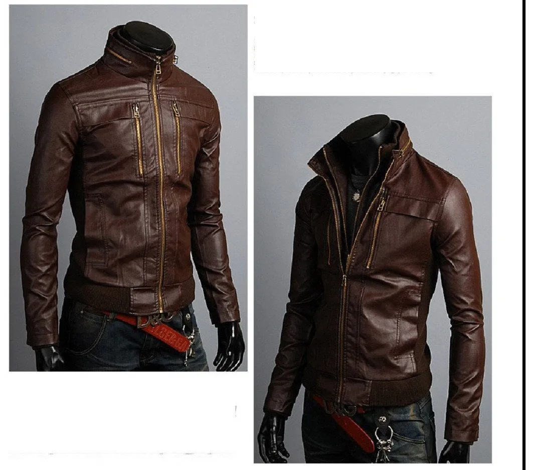 Mens Stylish Casual Slim Fit 735 Biker Leather Jacket - Trendy Motorcycle Outerwear for Modern Men