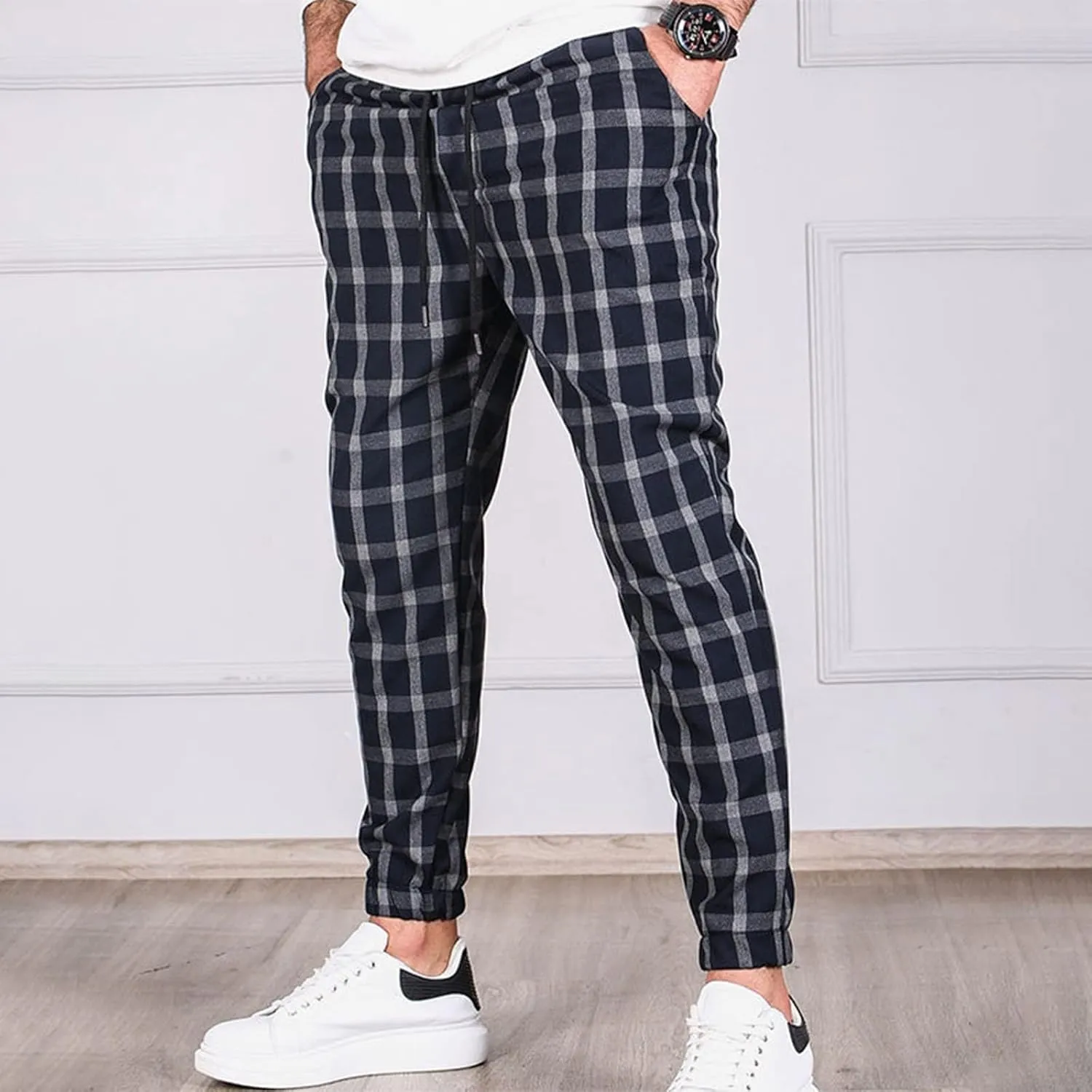Men's Casual Slim Fit Pants Plaid Jogger Sweatpants Elastic Drawstring Workout Athletic Pants Comfy Casual Trousers