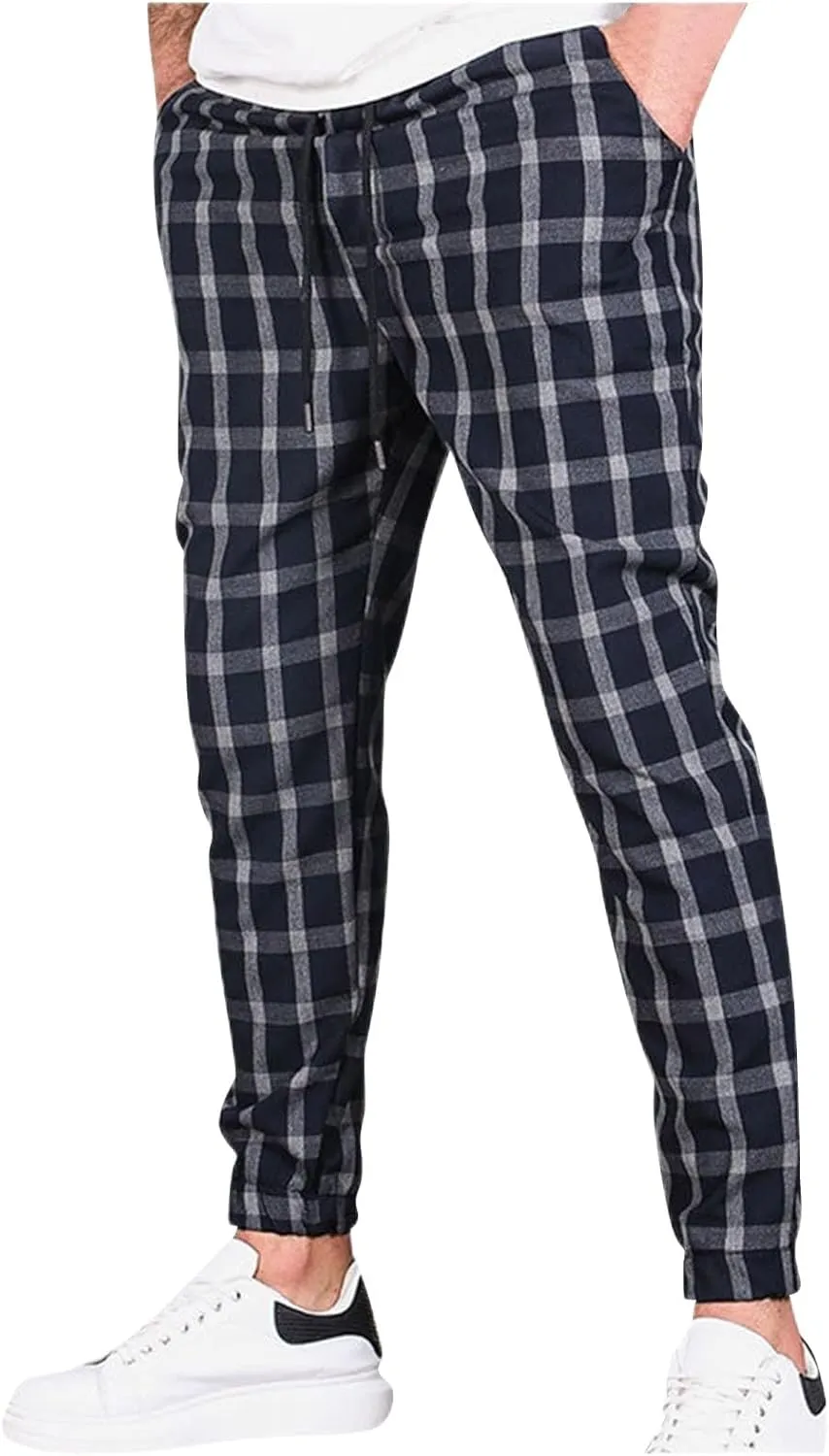 Men's Casual Slim Fit Pants Plaid Jogger Sweatpants Elastic Drawstring Workout Athletic Pants Comfy Casual Trousers