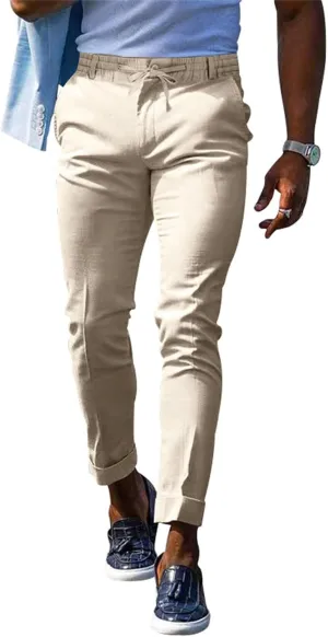 Mens Chinos Slim Fit Pants Flat Front Stretch Skinny Tapered Dress Pants Golf Pants Drawstring Comfort Casual Slacks