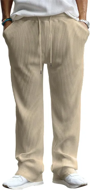 Men's Corduroy Pants Solid Color Straight Leg Sweatpants Drawstring Elastic Waist for Travel Sports Casual Wear