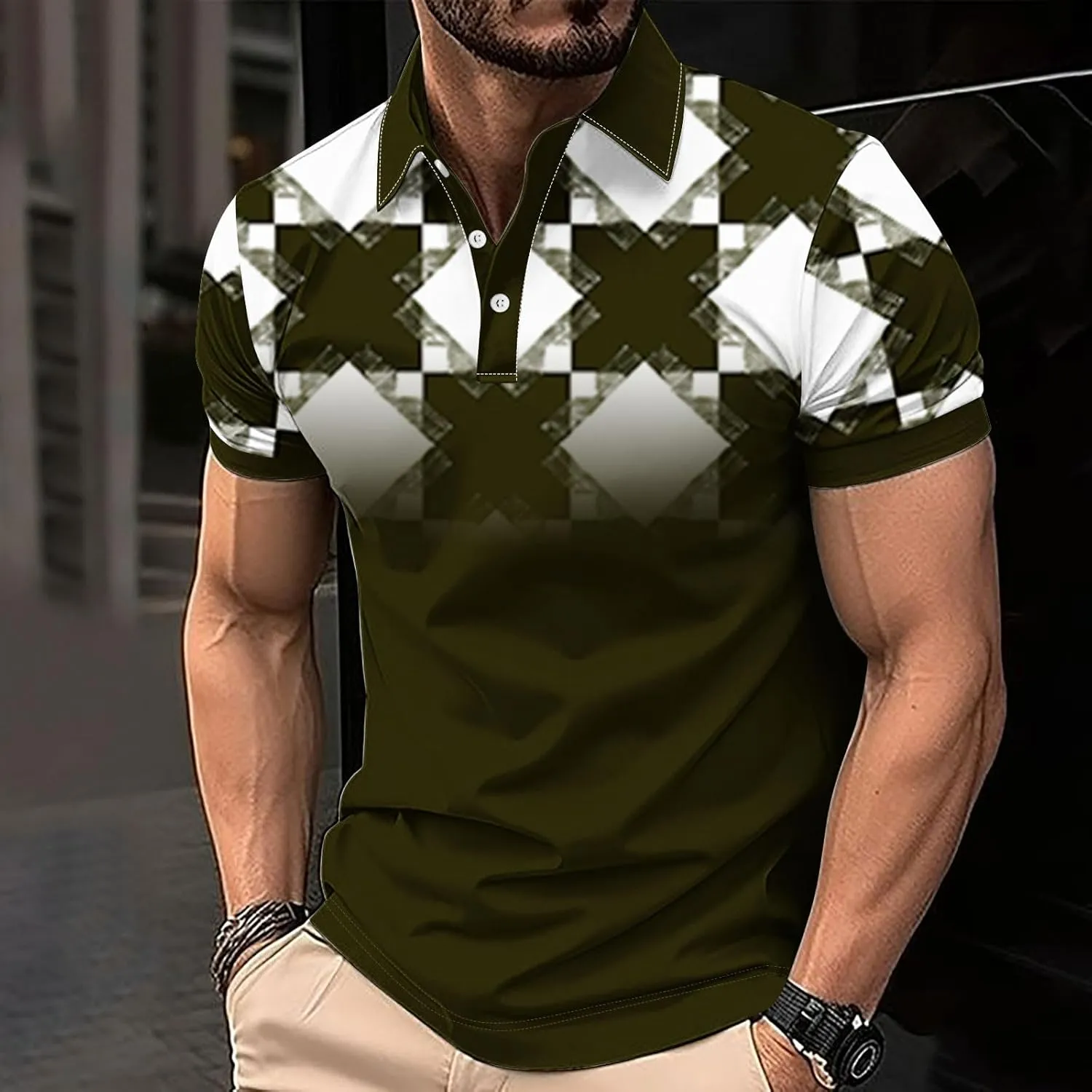 Mens Golf Shirts Short Sleeve Big and Tall Summer Mesh Shirt,Plaid Graphic Print,Breathable Plain Tees Business Casual
