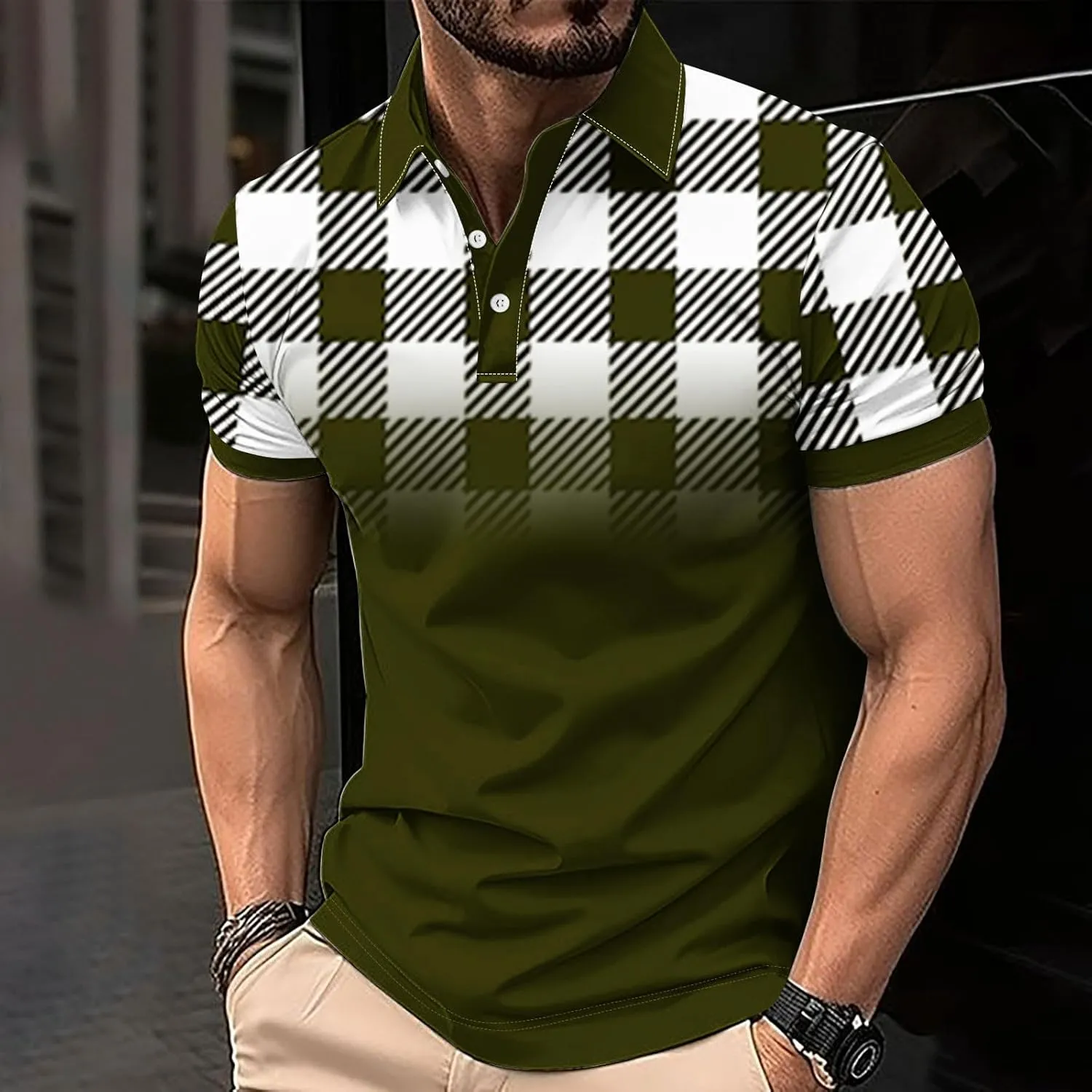 Mens Golf Shirts Short Sleeve Big and Tall Summer Mesh Shirt,Plaid Graphic Print,Breathable Plain Tees Business Casual
