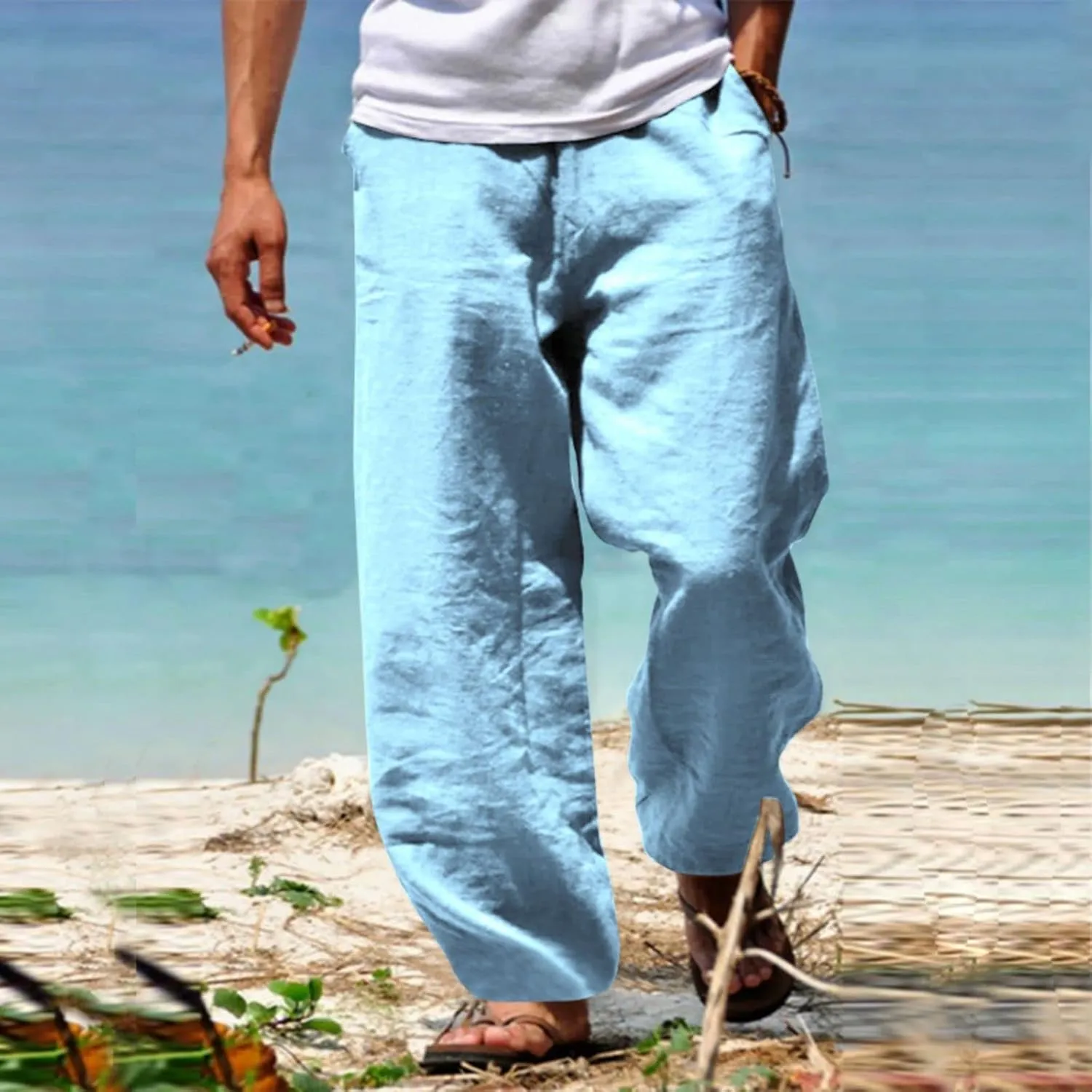 Men's Linen Pants Loose Fit Yoga Beach Pants Slim Fit Capri Trousers with Elastic Waist for Casual Summer Wear