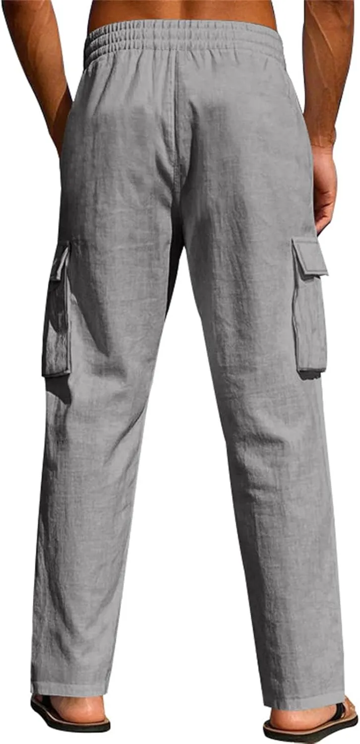 Men's Linen Pants Pants for Men Baggy Straight Leg High Waisted Loose Fit Cotton Linen Casual Summer Beach Pant