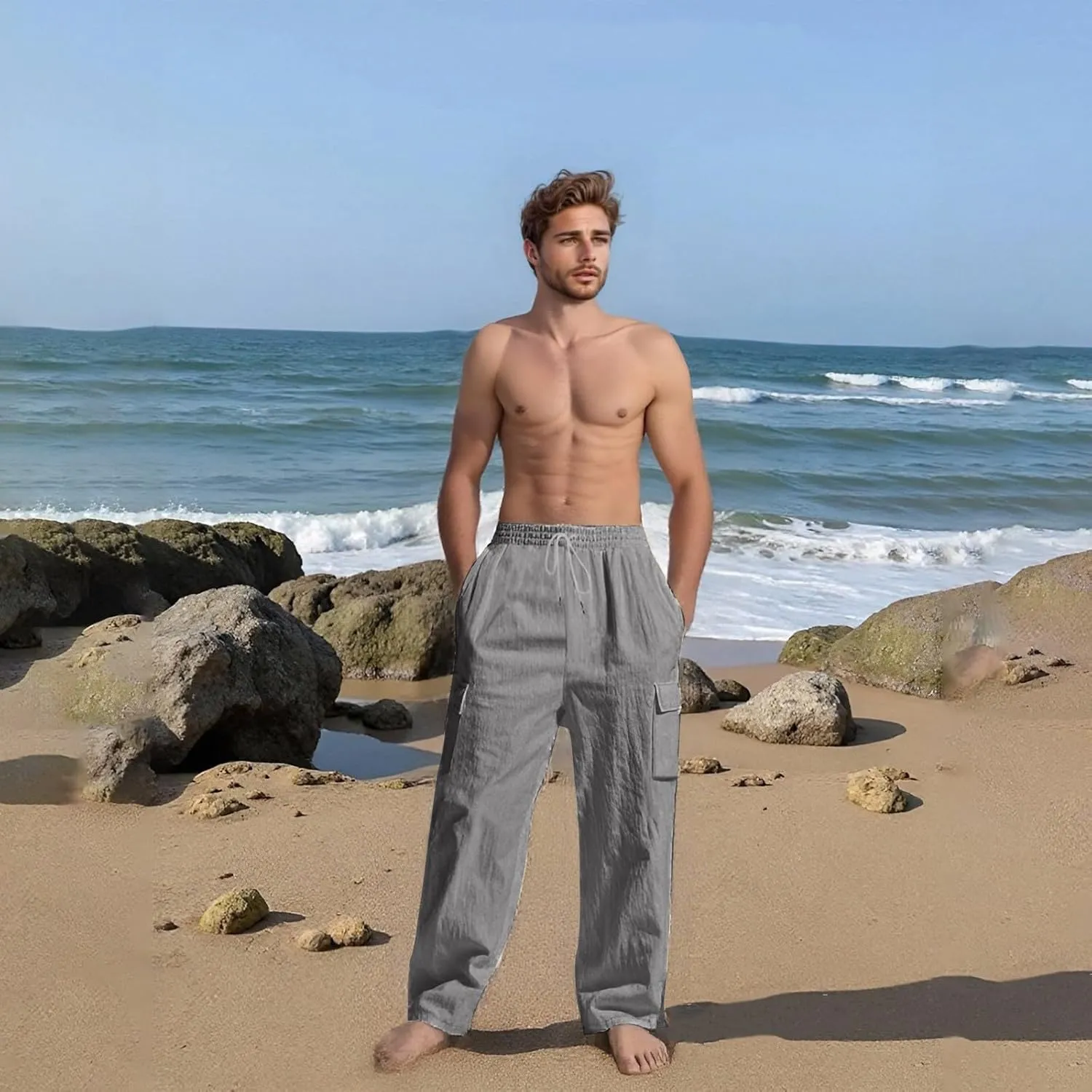 Men's Linen Pants Pants for Men Baggy Straight Leg High Waisted Loose Fit Cotton Linen Casual Summer Beach Pant