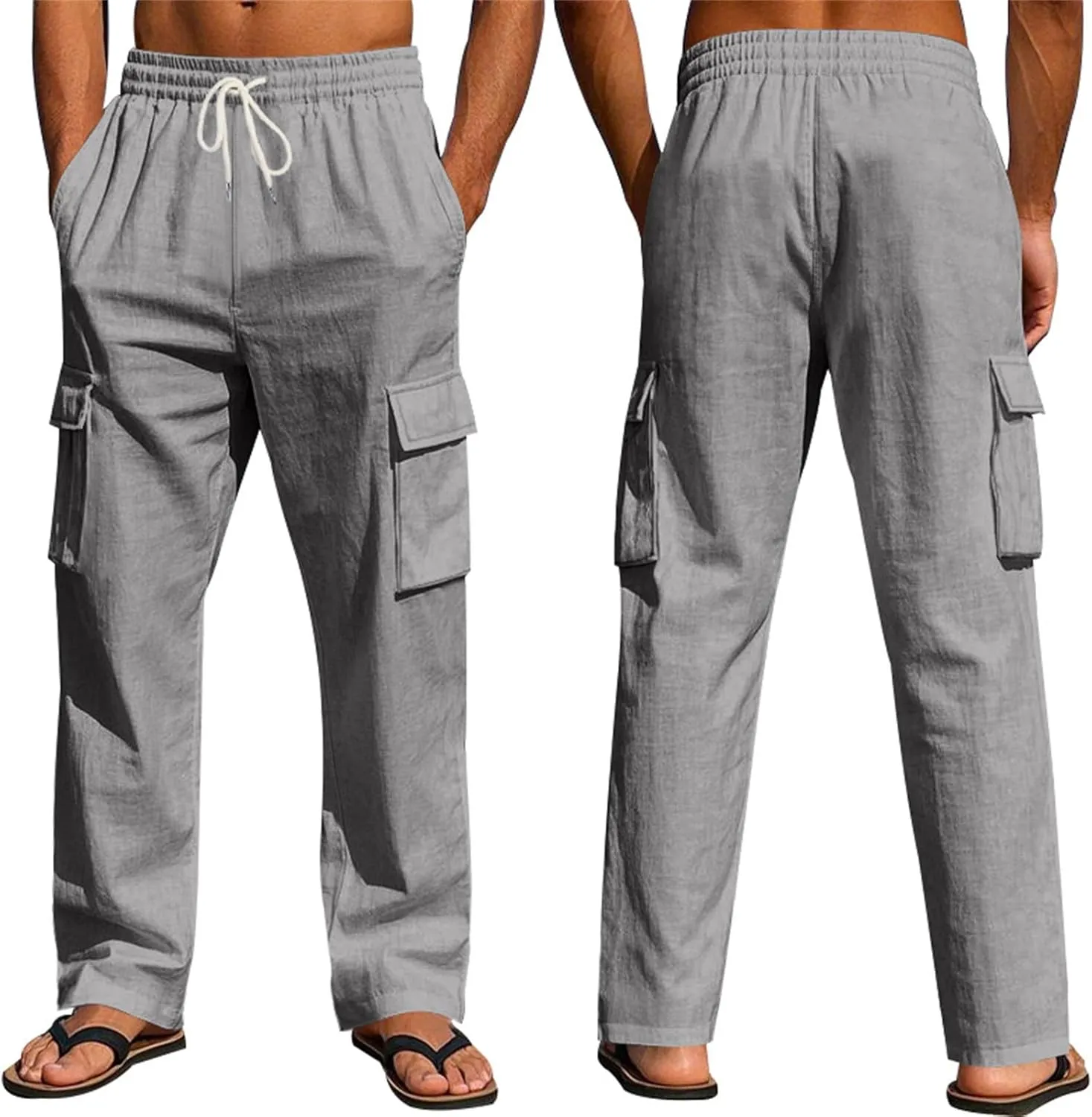 Men's Linen Pants Pants for Men Baggy Straight Leg High Waisted Loose Fit Cotton Linen Casual Summer Beach Pant