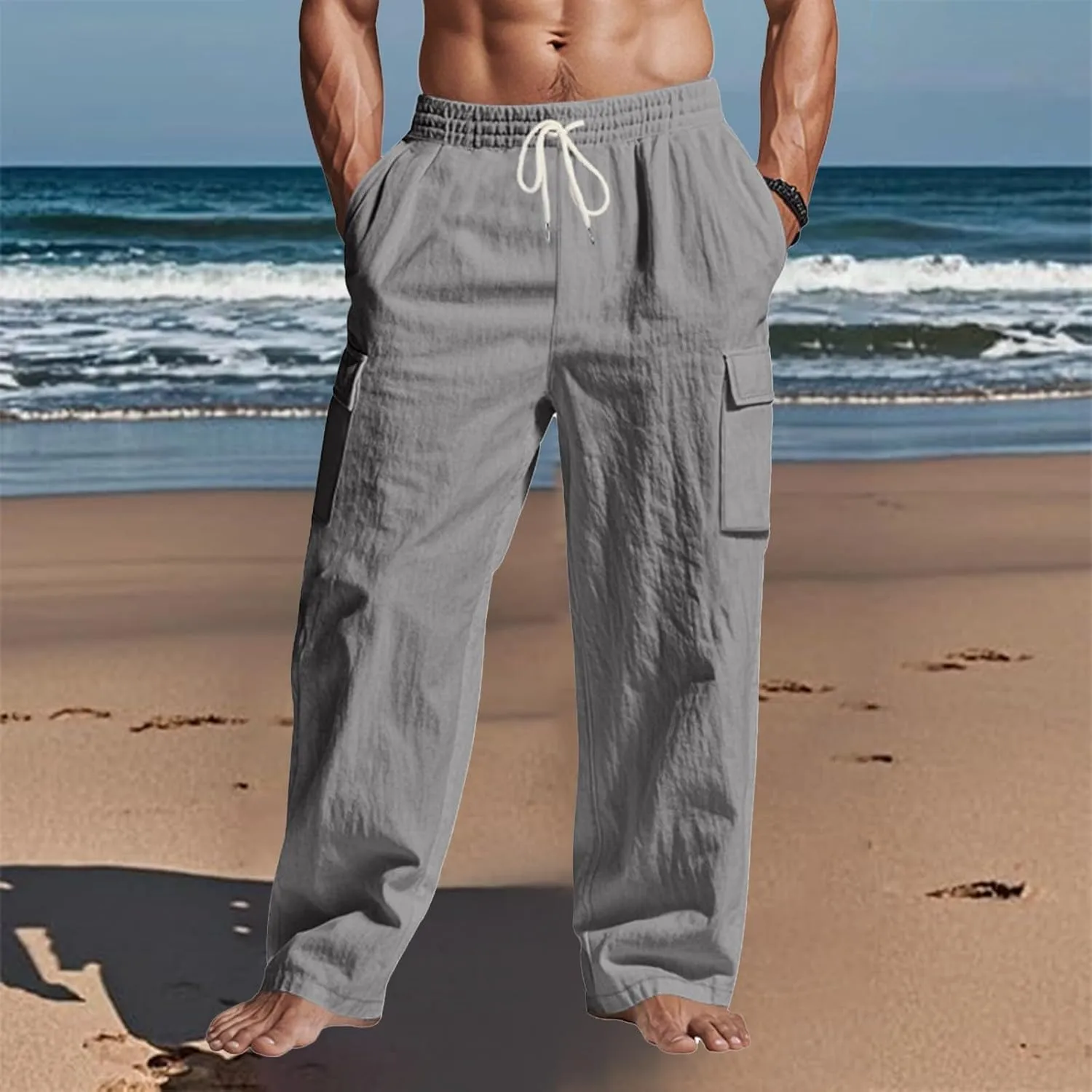 Men's Linen Pants Pants for Men Baggy Straight Leg High Waisted Loose Fit Cotton Linen Casual Summer Beach Pant