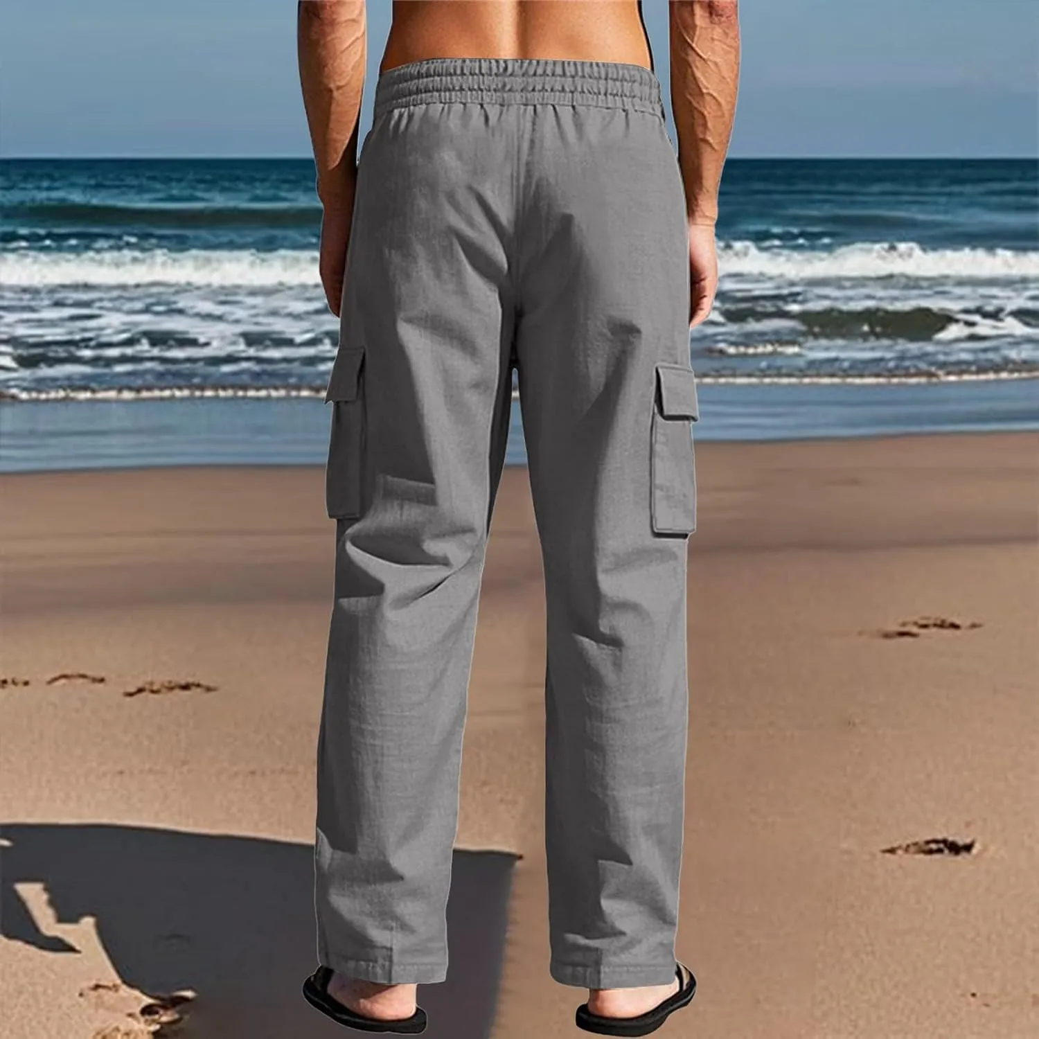 Men's Linen Pants Pants for Men Baggy Straight Leg High Waisted Loose Fit Cotton Linen Casual Summer Beach Pant