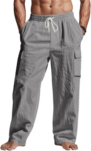 Men's Linen Pants Pants for Men Baggy Straight Leg High Waisted Loose Fit Cotton Linen Casual Summer Beach Pant