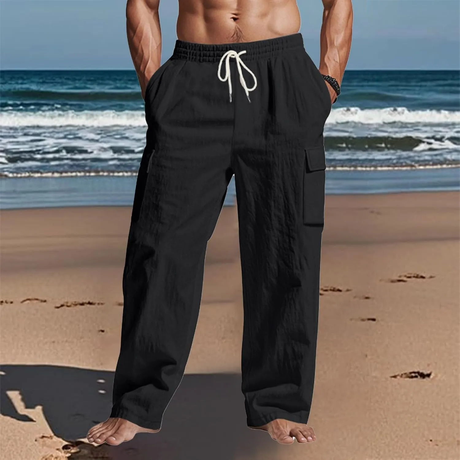 Men's Linen Pants Pants for Men Baggy Straight Leg High Waisted Loose Fit Cotton Linen Casual Summer Beach Pant