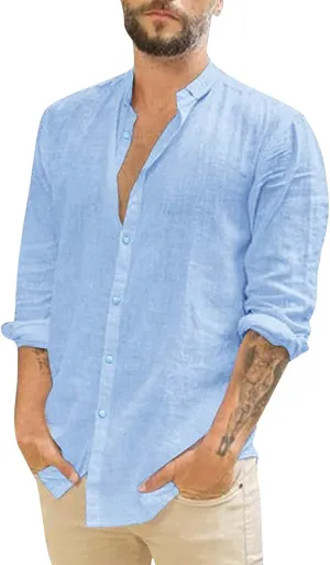 Men's Long Sleeve Linen Button Down Shirt Beach Casual Dress Shirts Summer Lightweight Cotton Linen Shirt Tops
