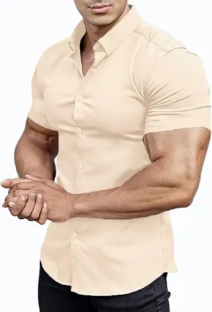 Mens Muscle Fit Dress Shirts Athletic Slim Fit Short Sleeve Stretch Casual Button Down Shirt