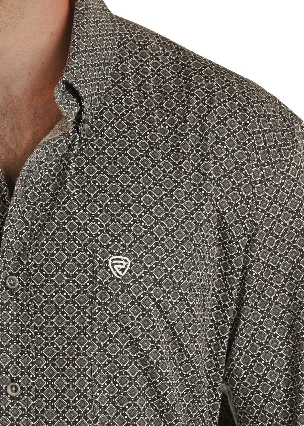 Men's Rock & Roll Black Geo Print Long Sleeve Button Down Shirt