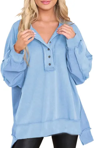 Oversized Sweatshirts for Women Loose Fit Button Henley Neck Pullover Casual Solid Pullover Long Sleeve Tunic Top