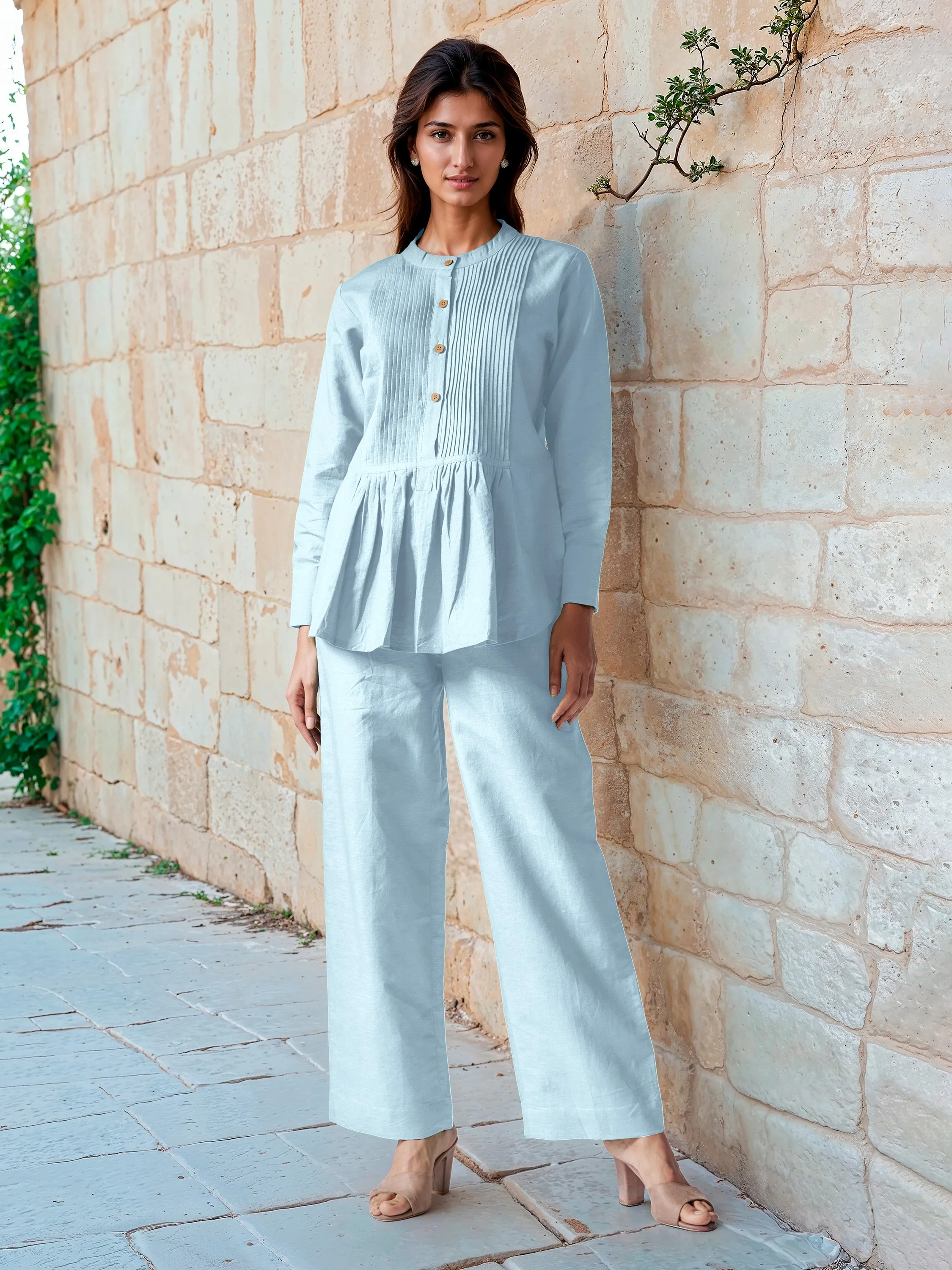 Powder Blue Cotton Linen Pleated Top
