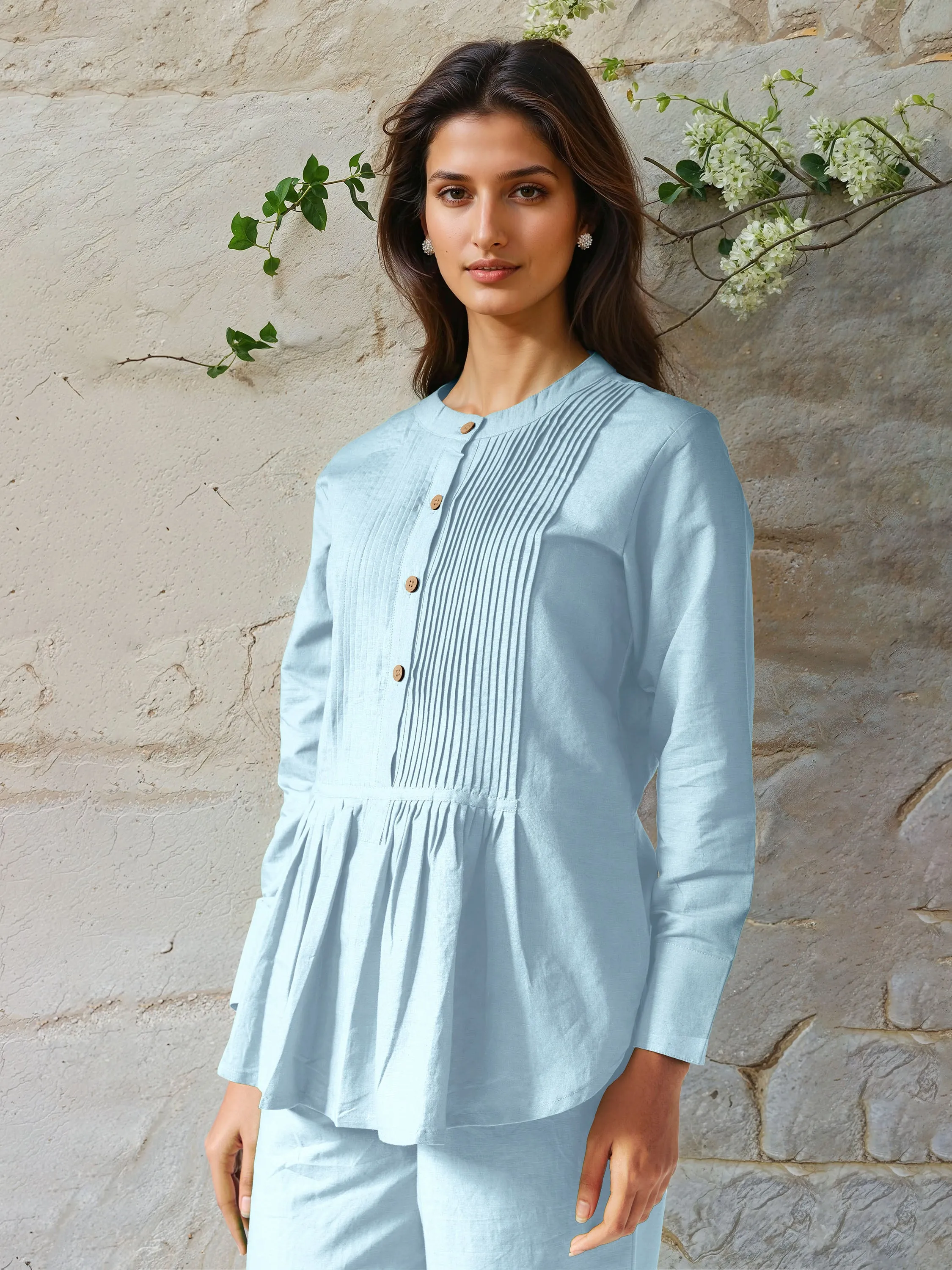 Powder Blue Cotton Linen Pleated Top