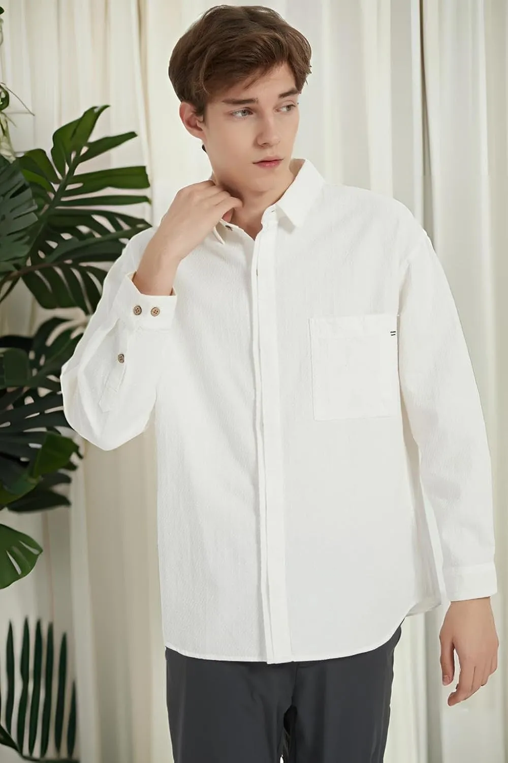 Ross&Freckle Mens Casual Long Sleeve Cotton Linen Shirts with Pocket Dress Shirt for Men with Pocket