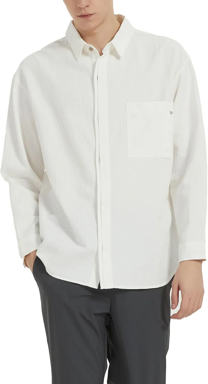 Ross&Freckle Mens Casual Long Sleeve Cotton Linen Shirts with Pocket Dress Shirt for Men with Pocket