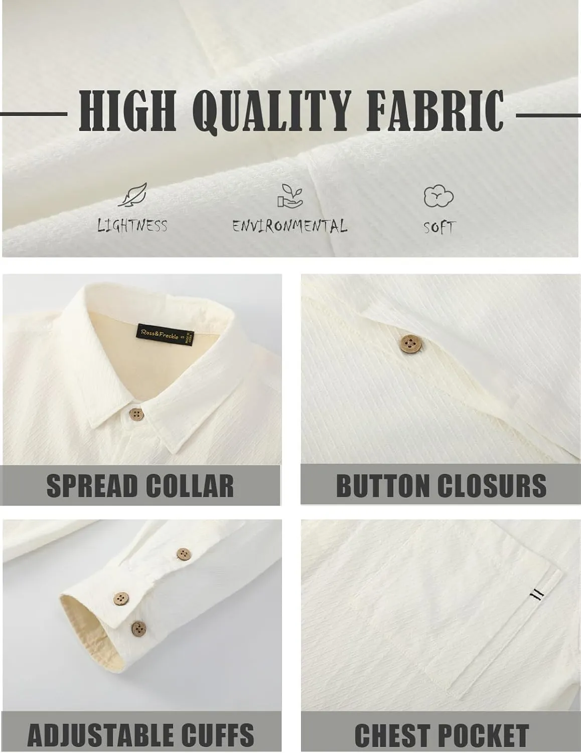 Ross&Freckle Mens Casual Long Sleeve Cotton Linen Shirts with Pocket Dress Shirt for Men with Pocket