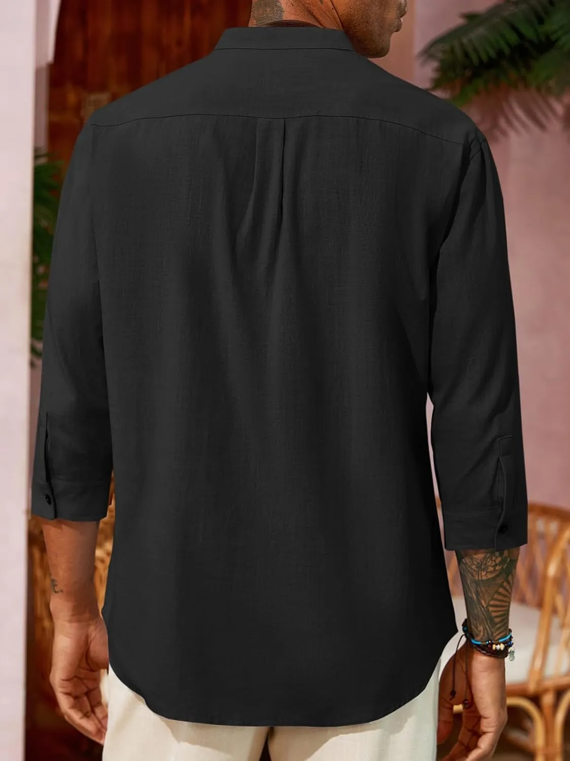 Runcati Mens Casual Linen Shirts 3/4 Sleeve Button Down Banded Collar Summer Beach Shirt