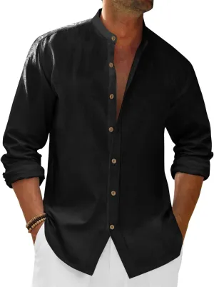 Runcati Mens Casual Linen Shirts 3/4 Sleeve Button Down Banded Collar Summer Beach Shirt