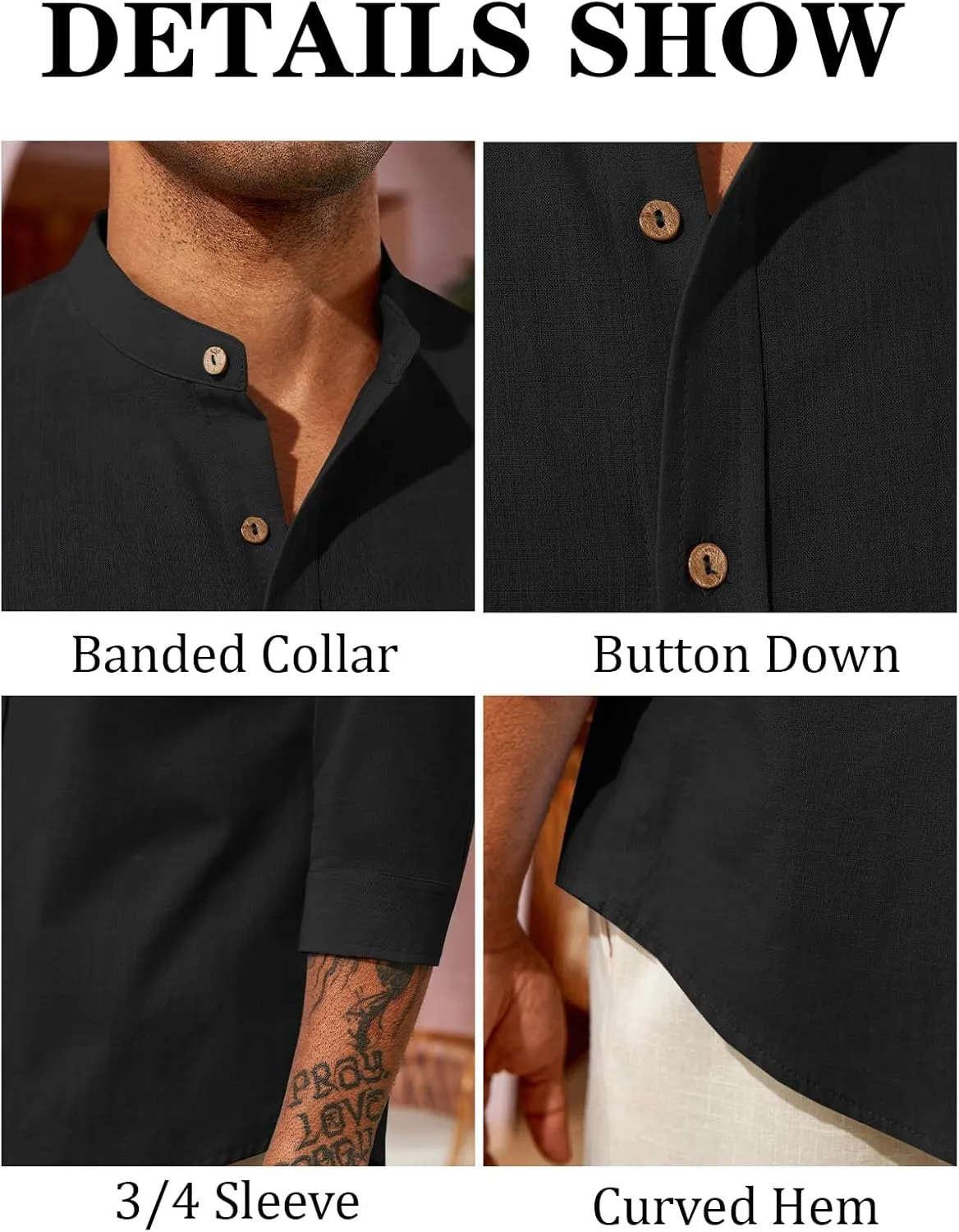 Runcati Mens Casual Linen Shirts 3/4 Sleeve Button Down Banded Collar Summer Beach Shirt
