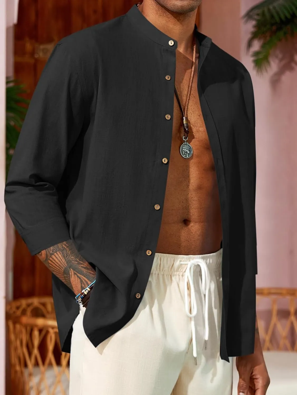 Runcati Mens Casual Linen Shirts 3/4 Sleeve Button Down Banded Collar Summer Beach Shirt