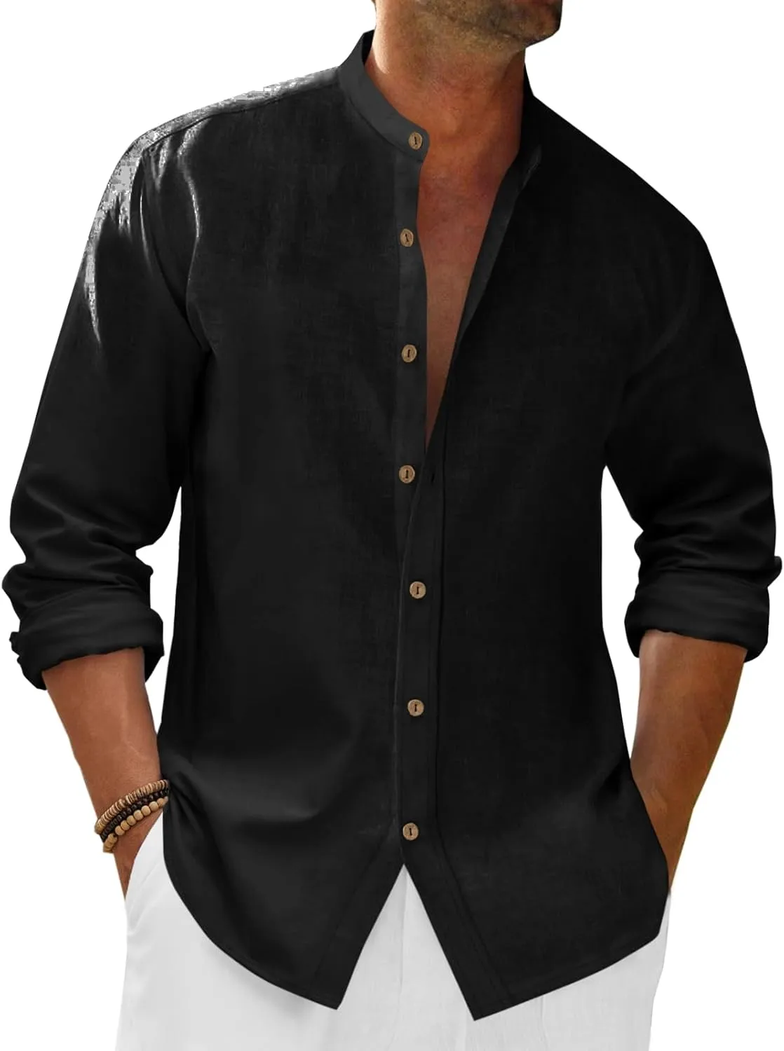 Runcati Mens Casual Linen Shirts 3/4 Sleeve Button Down Banded Collar Summer Beach Shirt