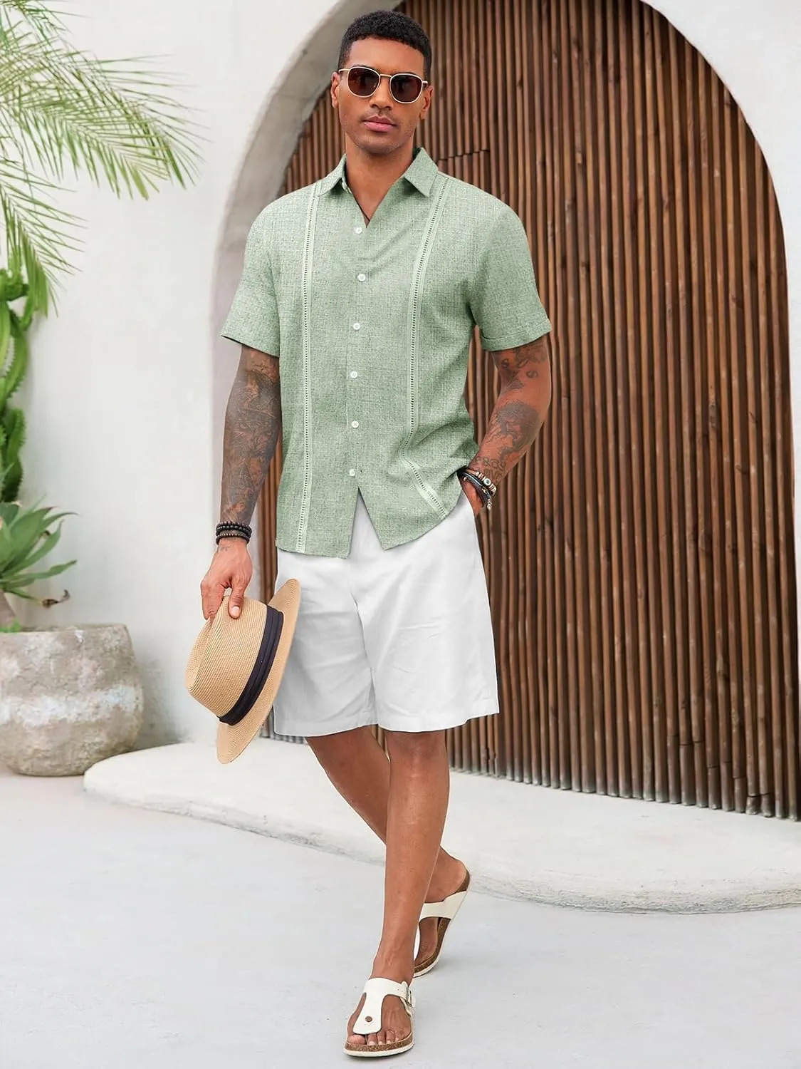 Runcati Mens Cuban Guayabera Shirts Short Sleeve Linen Casual Shirt Button Down Beach Summer Mexican Shirts