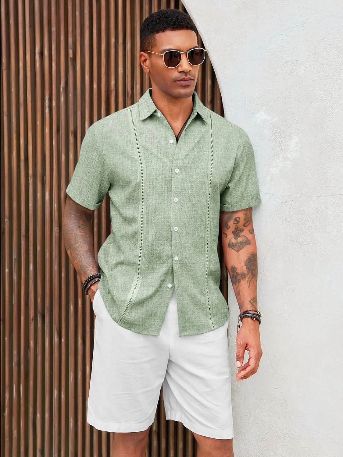 Runcati Mens Cuban Guayabera Shirts Short Sleeve Linen Casual Shirt Button Down Beach Summer Mexican Shirts