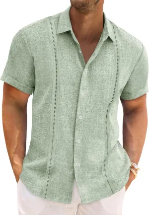 Runcati Mens Cuban Guayabera Shirts Short Sleeve Linen Casual Shirt Button Down Beach Summer Mexican Shirts