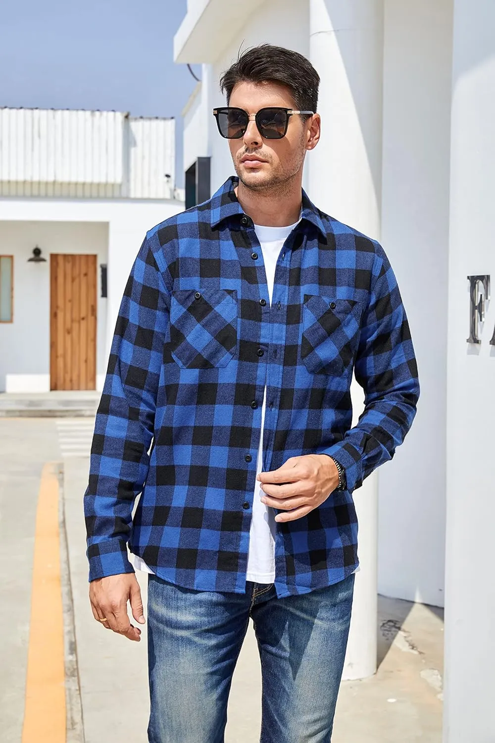 SAMERM Mens Button Down Shirts 4-Way Stretch Wrinkle Free Long Sleeve Print Plaid Business Dress Shirt