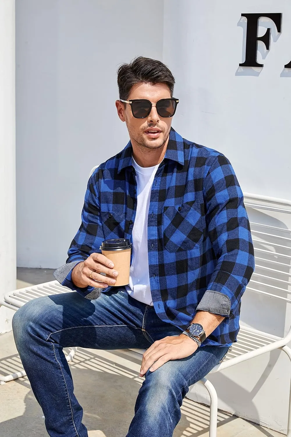 SAMERM Mens Button Down Shirts 4-Way Stretch Wrinkle Free Long Sleeve Print Plaid Business Dress Shirt