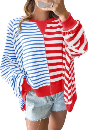 Tankaneo Womens Oversized Sweatshirt Striped Color Block Crew Neck Tops Casual Long Sleeve Tunic Shirts