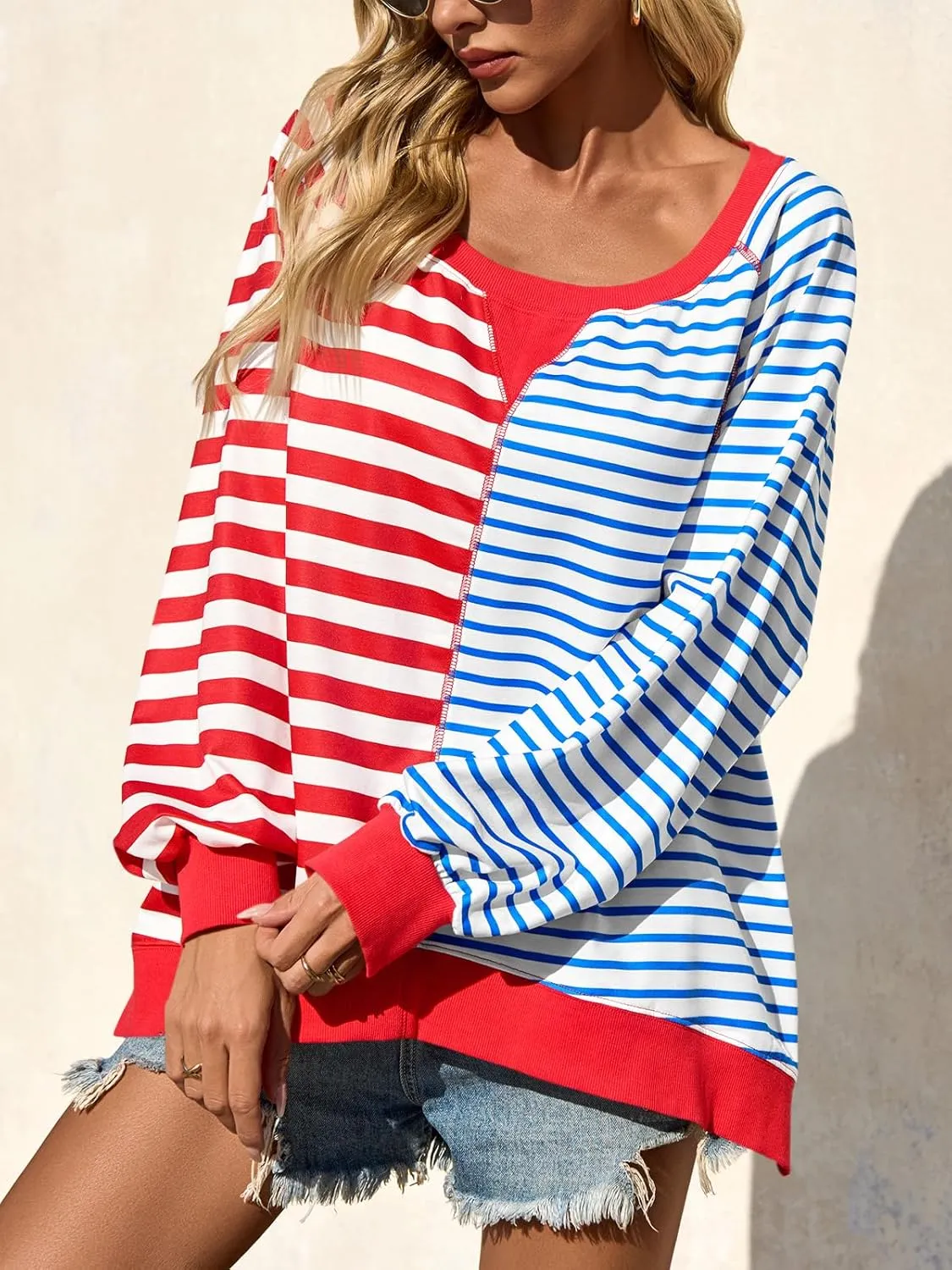 Tankaneo Womens Oversized Sweatshirt Striped Color Block Crew Neck Tops Casual Long Sleeve Tunic Shirts