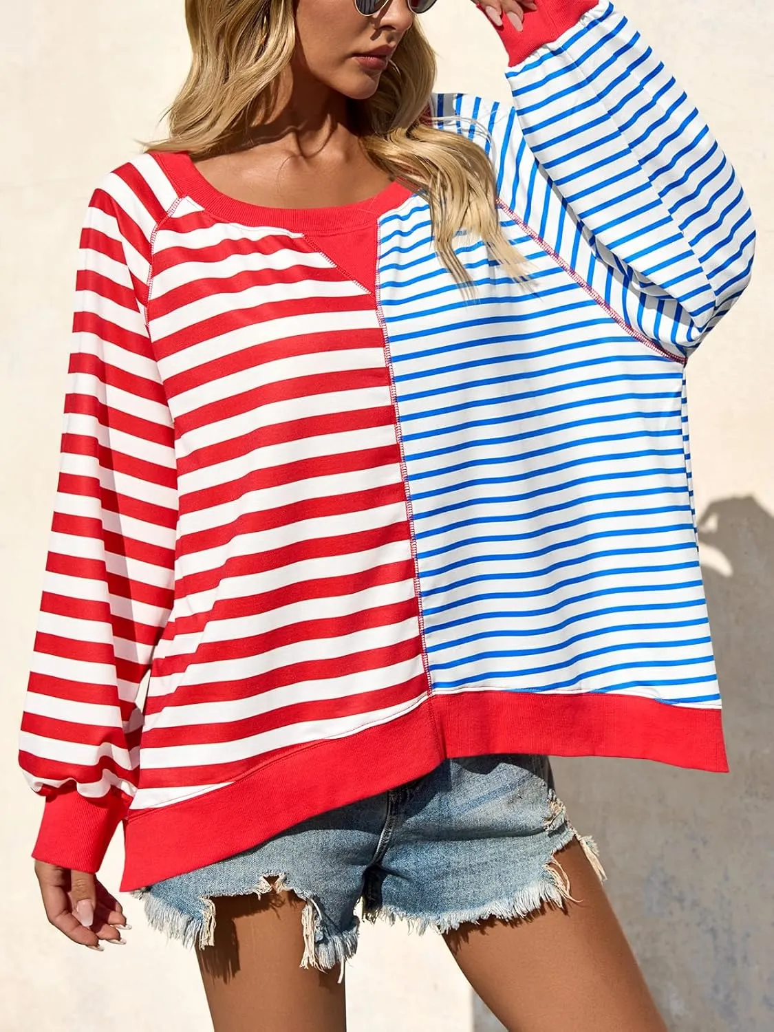 Tankaneo Womens Oversized Sweatshirt Striped Color Block Crew Neck Tops Casual Long Sleeve Tunic Shirts
