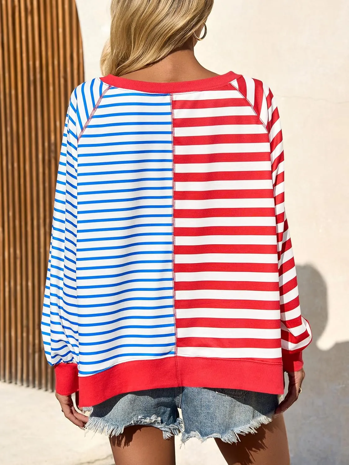 Tankaneo Womens Oversized Sweatshirt Striped Color Block Crew Neck Tops Casual Long Sleeve Tunic Shirts