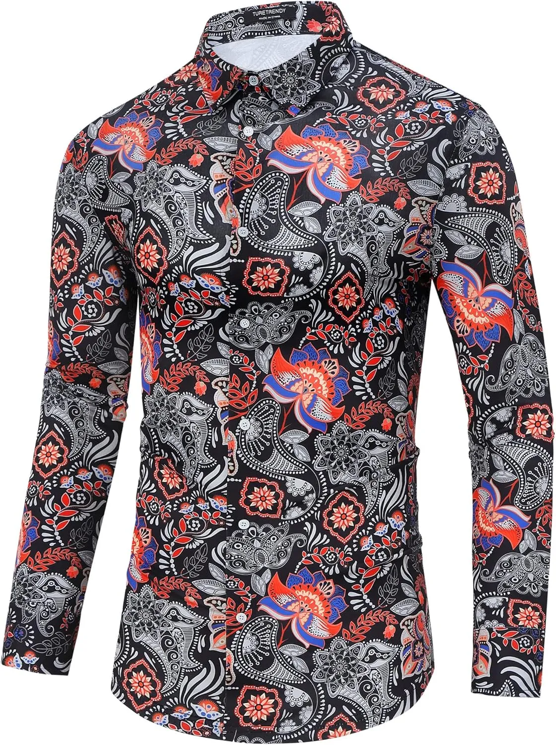 TURETRENDY Men's Paisley Floral Dress Shirt Long Sleeve Slim Fit Button Down Shirts for Prom Wedding Party