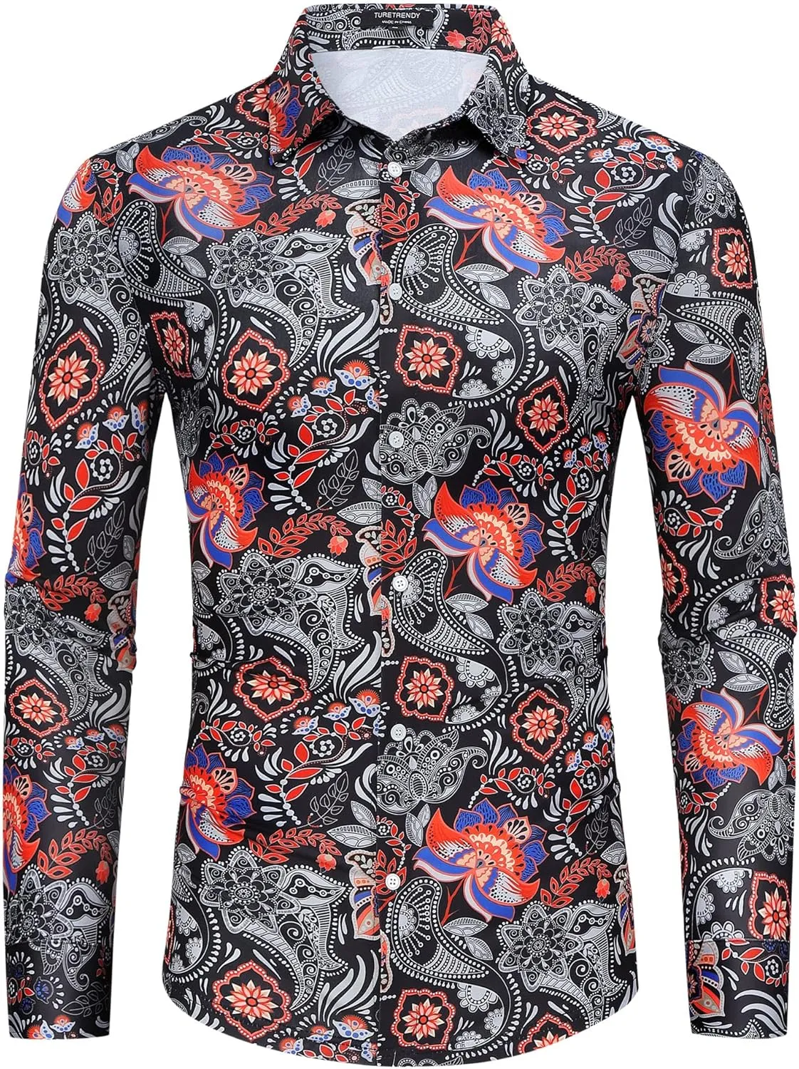 TURETRENDY Men's Paisley Floral Dress Shirt Long Sleeve Slim Fit Button Down Shirts for Prom Wedding Party