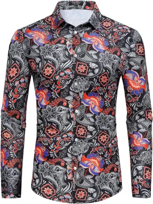 TURETRENDY Men's Paisley Floral Dress Shirt Long Sleeve Slim Fit Button Down Shirts for Prom Wedding Party