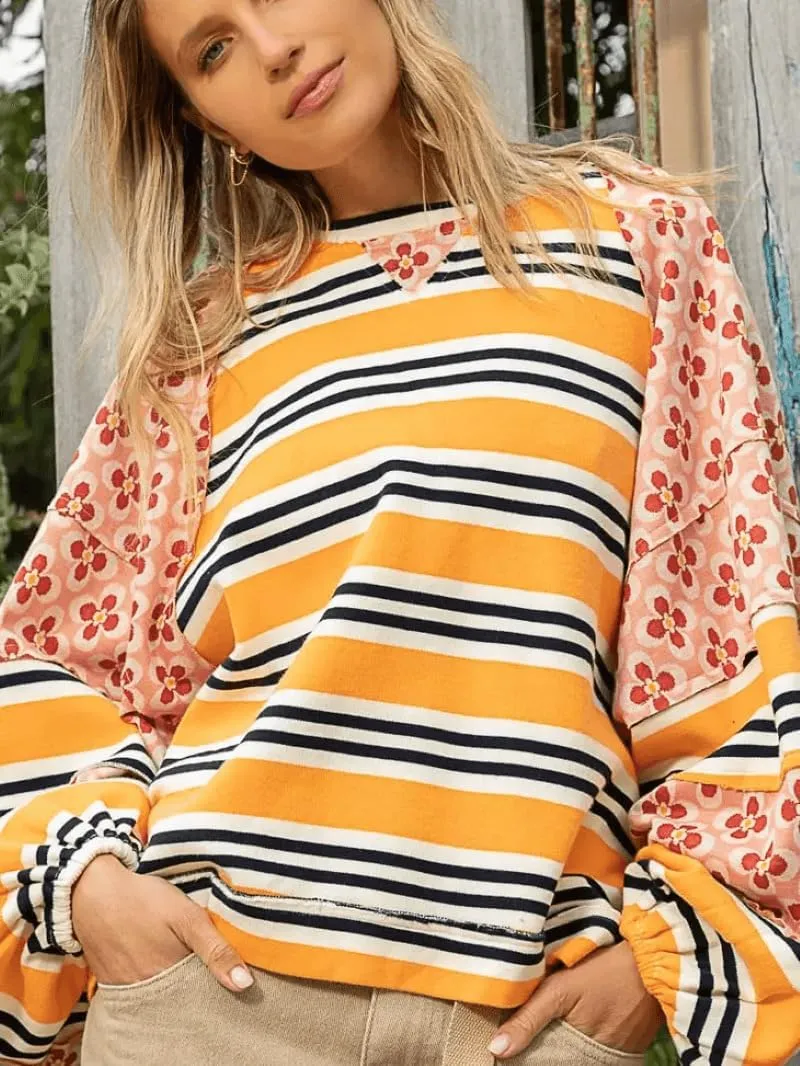 utcoco Oversized Sweatshirt for Women Striped Patchwork Floral Long Sleeve Shirts Hoodies Preppy Tops Y2K Outfits