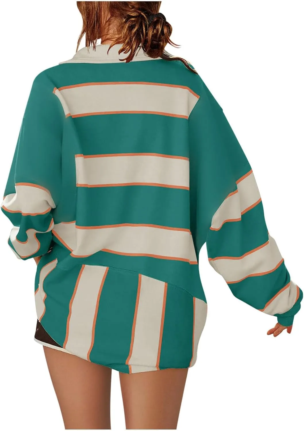 utcoco Oversized Sweatshirt for Women Striped V Neck Long Sleeve Shirts Hoodies Color Block Preppy Y2K Tops